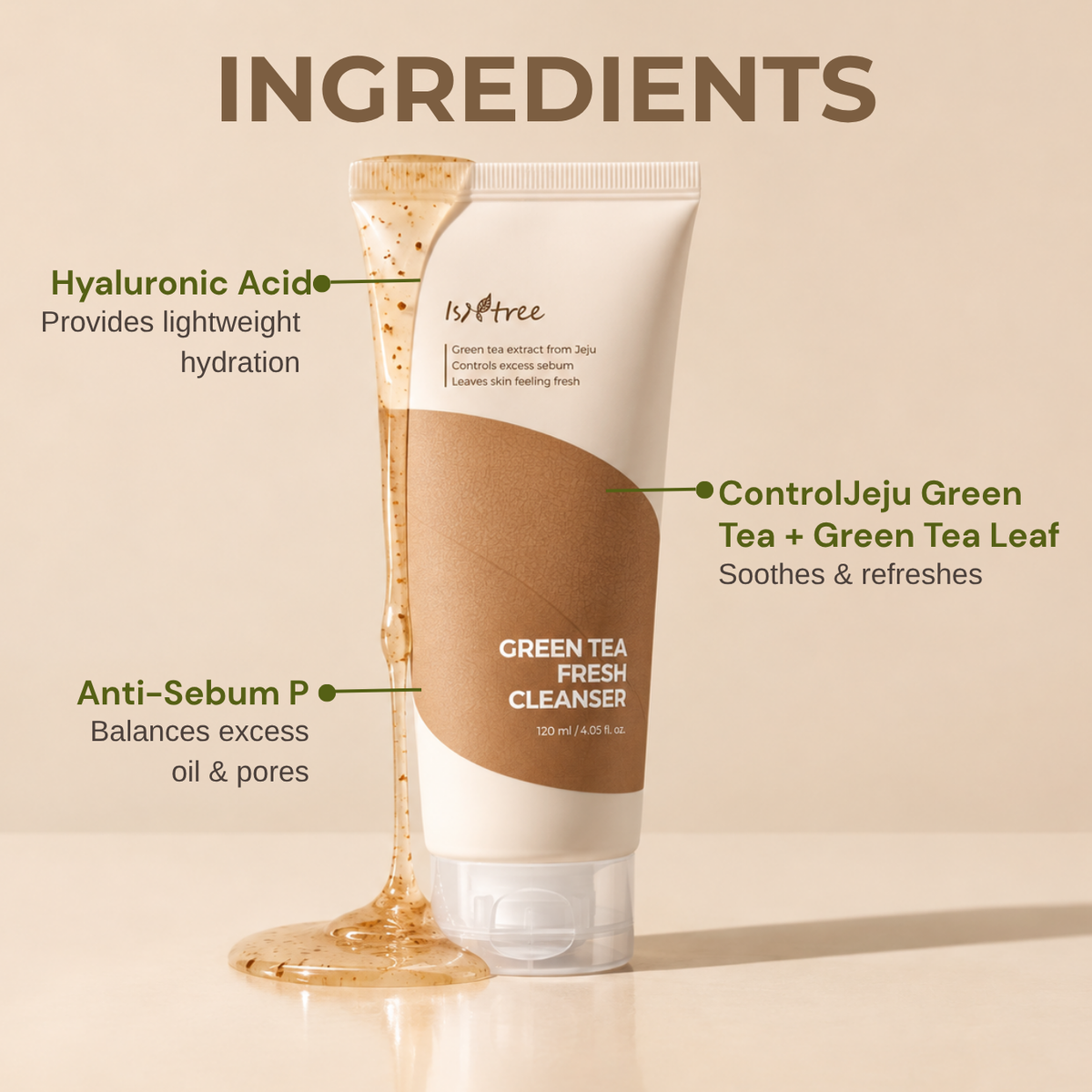 Isntree Green Tea Fresh Cleanser | Gentle Daily Gel Cleanser with Jeju Green Tea Extract | 120ml