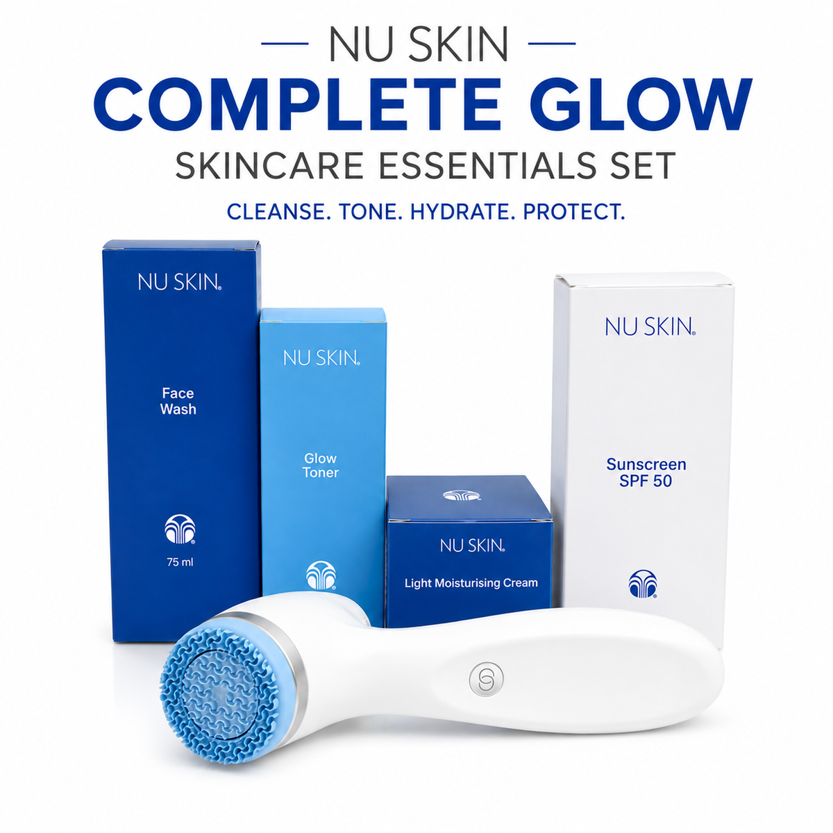 Nu Skin LumiSpa iO Complete Skincare Essentials Kit | Cleansing Device with Face Wash, Glow Toner, Moisturiser & SPF 50 Sunscreen