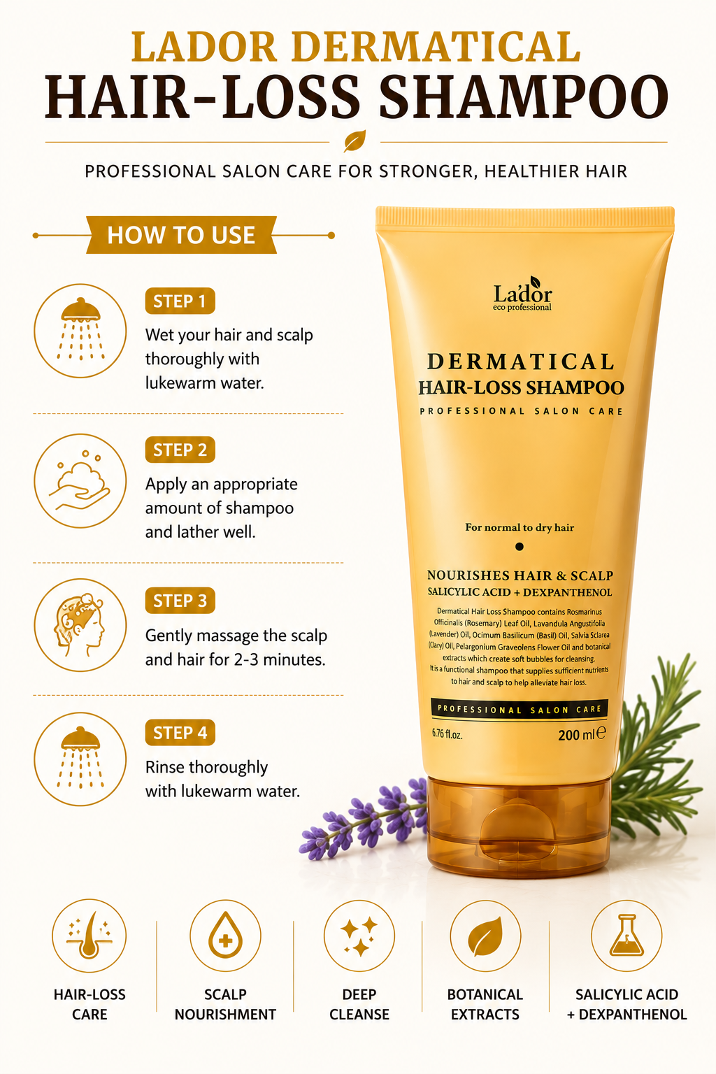 La'dor Dermatical Hair-Loss Shampoo 200ml | Nourishes Hair & Scalp | Professional Salon Care