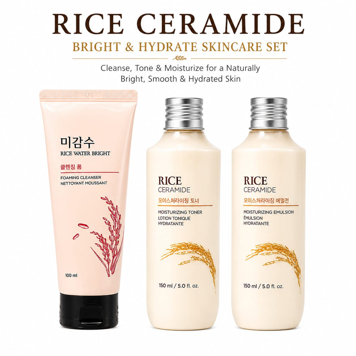 Rice Ceramide Bright & Hydrate Skincare Set – Foaming Cleanser, Moisturizing Toner & Moisturizing Emulsion