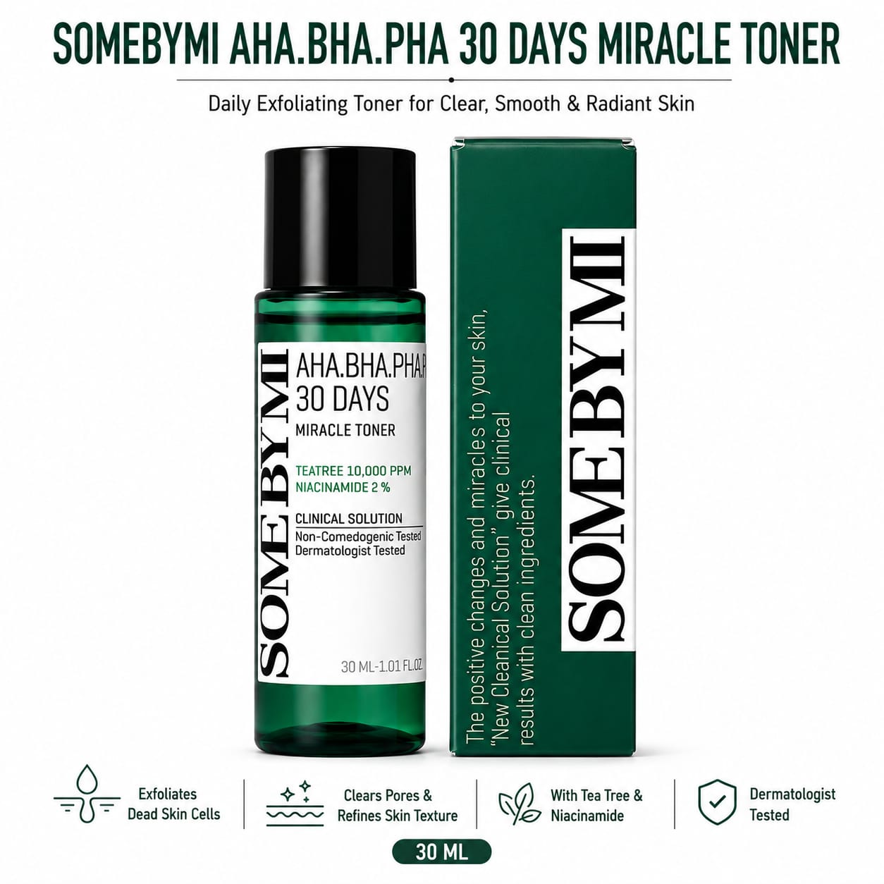 SOME BY MI AHA.BHA.PHA 30 Days Miracle Toner (30ml) | Tea Tree & Niacinamide Facial Exfoliating Toner